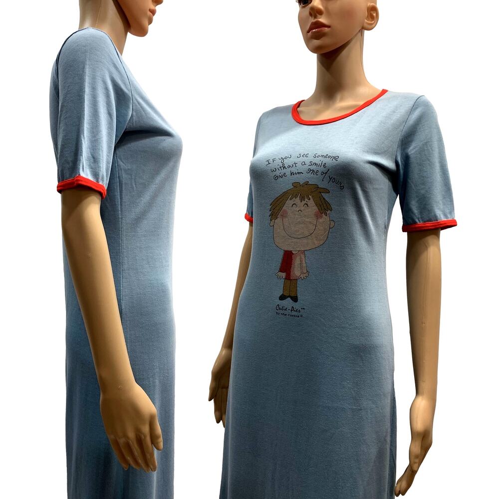 70s Long Blue T Shirt Nightgown Nightie w Cute Cartoon | XS/S - Picture 8 of 11